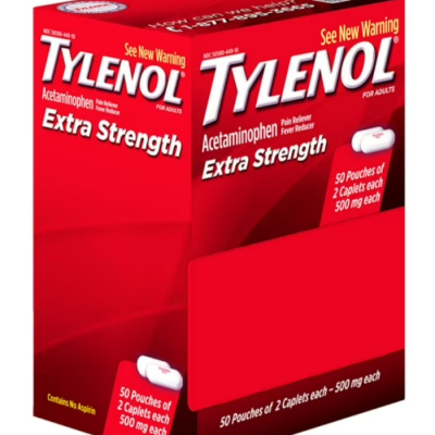 Tylenol Extra Strength, 500 mg. Acetaminophen, 2 caplets/pk., 50 pk