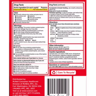 Tylenol Extra Strength, 500 mg. Acetaminophen, 2 caplets/pk., 50 pk