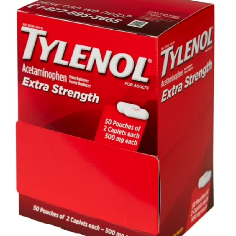 Tylenol Extra Strength, 500 mg. Acetaminophen, 2 caplets/pk., 50 pk